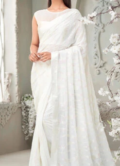 White Faux Georgette Sequins Saree Party Wear