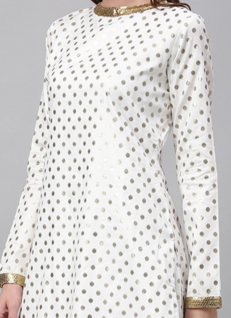 White Foil Print Knee Length Kurta Set Festive Wear 1 White Foil Print Knee Length Kurta Set Festive Wear