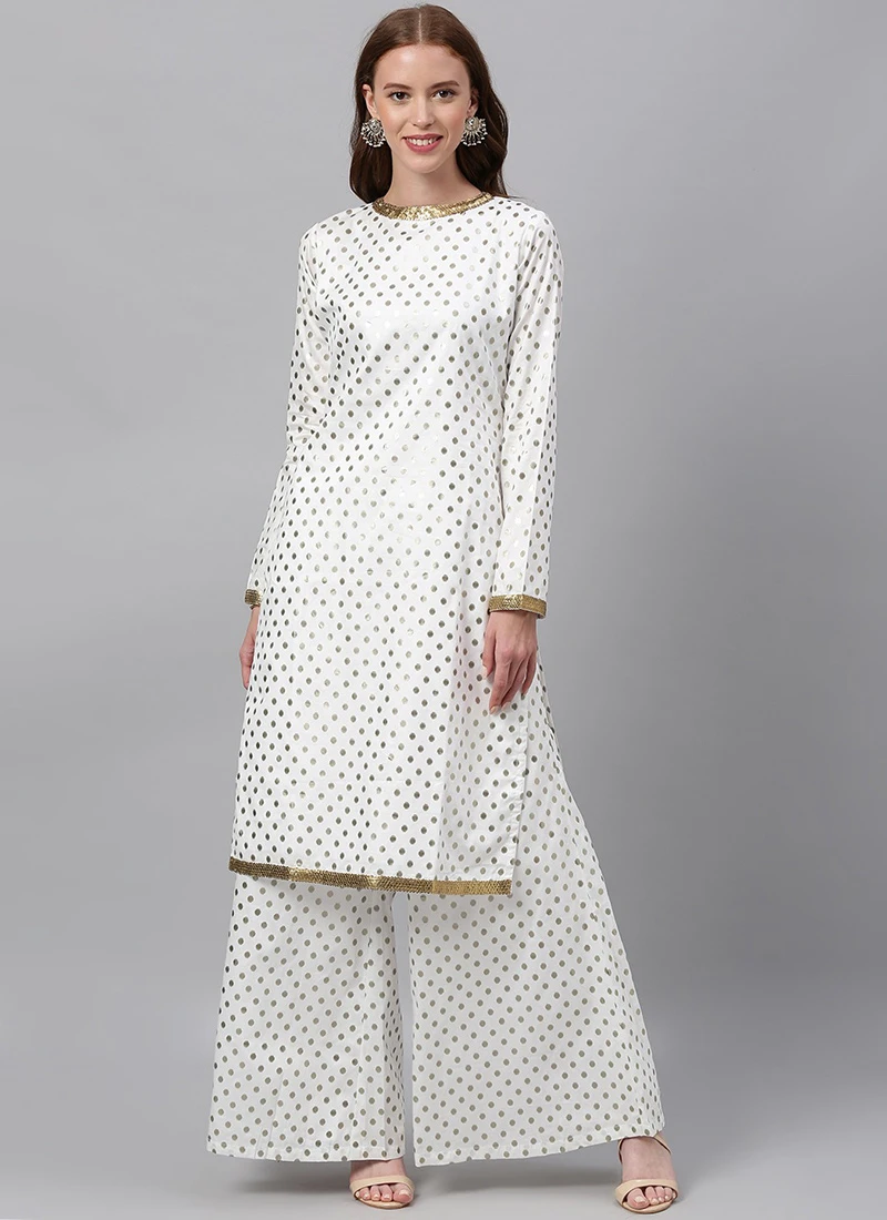 White Foil Print Knee Length Kurta Set Festive Wear 3 White Foil Print Knee Length Kurta Set Festive Wear - Image 3