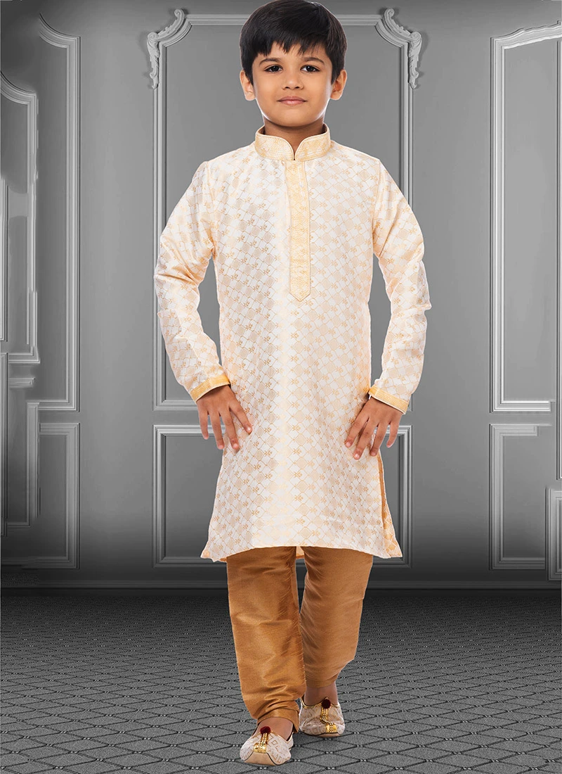 White Jacquard Silk Boys Kurta Pyjama Party Wear 2 White Jacquard Silk Boys Kurta Pyjama Party Wear - Image 2