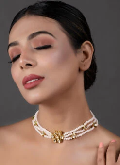 White Kundan N Beads Choker Set Party Wear -C Bazaar Shop white kundan n beads choker set jyndfemch007 b