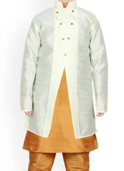 White N Gold Dupion Silk Boys Kurta Pyjama Festive Wear