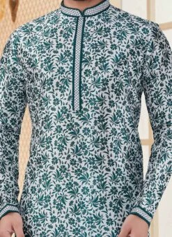 White N Green Silk Digital Printed Kurta Pyjama Party Wear