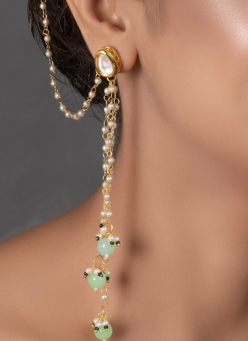 White N Green Stud Earring With Hanging Party Wear 1 White N Green Stud Earring With Hanging Party Wear