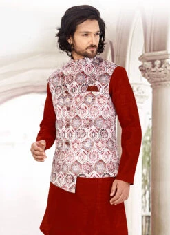 White N Maroon Velvet Bandhgala Jacket -C Bazaar Shop white n maroon velvet bandhgala jacket jmkmdc442 b