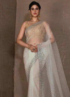White Net Hand Work Saree Festive Wear -C Bazaar Shop white net hand work saree sadkc33 b