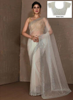 White Net Hand Work Saree Festive Wear -C Bazaar Shop white net hand work saree sadkc33 u