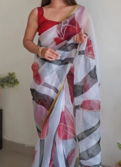 White Organza Digital Printed Work Saree Festive Wear