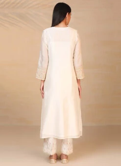 White Pure Chanderi Silk Embroidered Kurta Semi Palazzo Set Party Wear -C Bazaar Shop white pure chanderi silk embroidered kurta semi palazzo set krsdvcsvks37 b