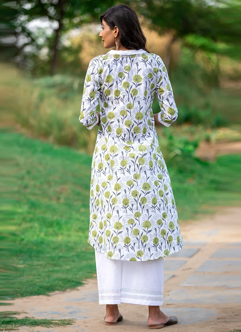 White Pure Cotton Hand Block Printed Kurta Semi Palazzo Set After Six Wear 4 White Pure Cotton Hand Block Printed Kurta Semi Palazzo Set After Six Wear - Image 4