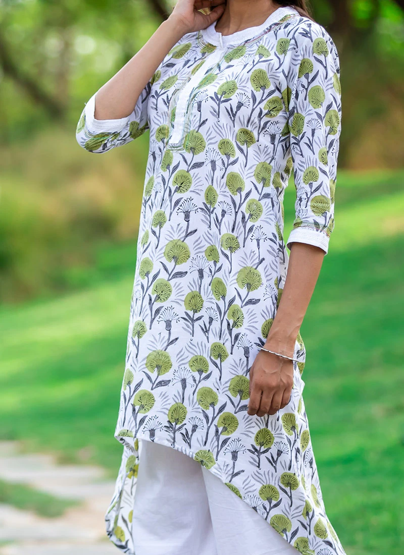 White Pure Cotton Hand Block Printed Kurta Semi Palazzo Set After Six Wear 1 White Pure Cotton Hand Block Printed Kurta Semi Palazzo Set After Six Wear