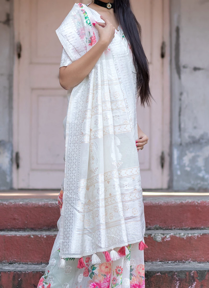 White Soft Silk Printed Work Saree After Six Wear 1 White Soft Silk Printed Work Saree After Six Wear