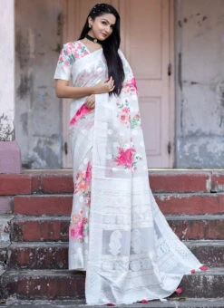 White Soft Silk Printed Work Saree After Six Wear 6 White Soft Silk Printed Work Saree After Six Wear -C Bazaar Shop white soft silk printed work saree sasrialy08b u