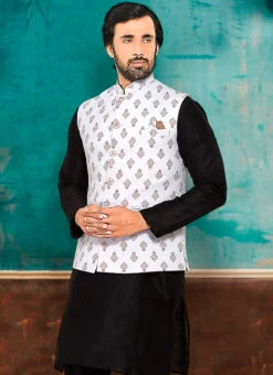 White Terry Rayon Printed Nehru Jacket -C Bazaar Shop white terry rayon printed nehru jacket jmkmdc553 b