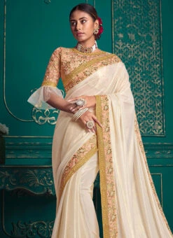 White Tussar Silk Heavy Embroidered Saree Party Wear -C Bazaar Shop white tussar silk heavy embroidered saree samkns4139707 b