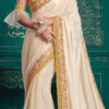 White Tussar Silk Heavy Embroidered Saree Party Wear