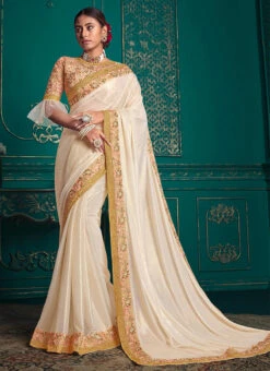 White Tussar Silk Heavy Embroidered Saree Party Wear -C Bazaar Shop white tussar silk heavy embroidered saree samkns4139707 u