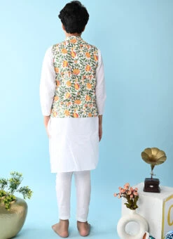 White With Green Floral Printed Cotton Kurta Pyjama For Boys Leisure Wear -C Bazaar Shop white with green floral printed cotton kurta pyjama for boys kdbntcs132 b