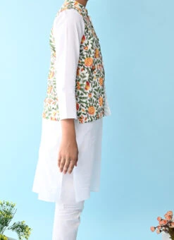 White With Green Floral Printed Cotton Kurta Pyjama For Boys Leisure Wear