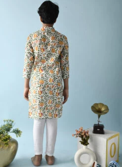 White With Green Floral Printed Cotton Kurta Pyjama Leisure Wear -C Bazaar Shop white with green floral printed cotton kurta pyjama kdbntcs129 b