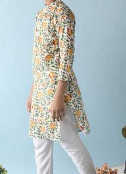 White With Green Floral Printed Cotton Kurta Pyjama Leisure Wear