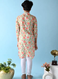White With Orange Floral Printed Cotton Kurta Pyjama Leisure Wear -C Bazaar Shop white with orange floral printed cotton kurta pyjama kdbntcs127 b