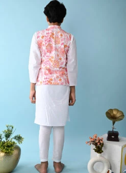White With Pink Floral Printed Cotton Kurta Pyjama Leisure Wear -C Bazaar Shop white with pink floral printed cotton kurta pyjama kdbntcs131 b