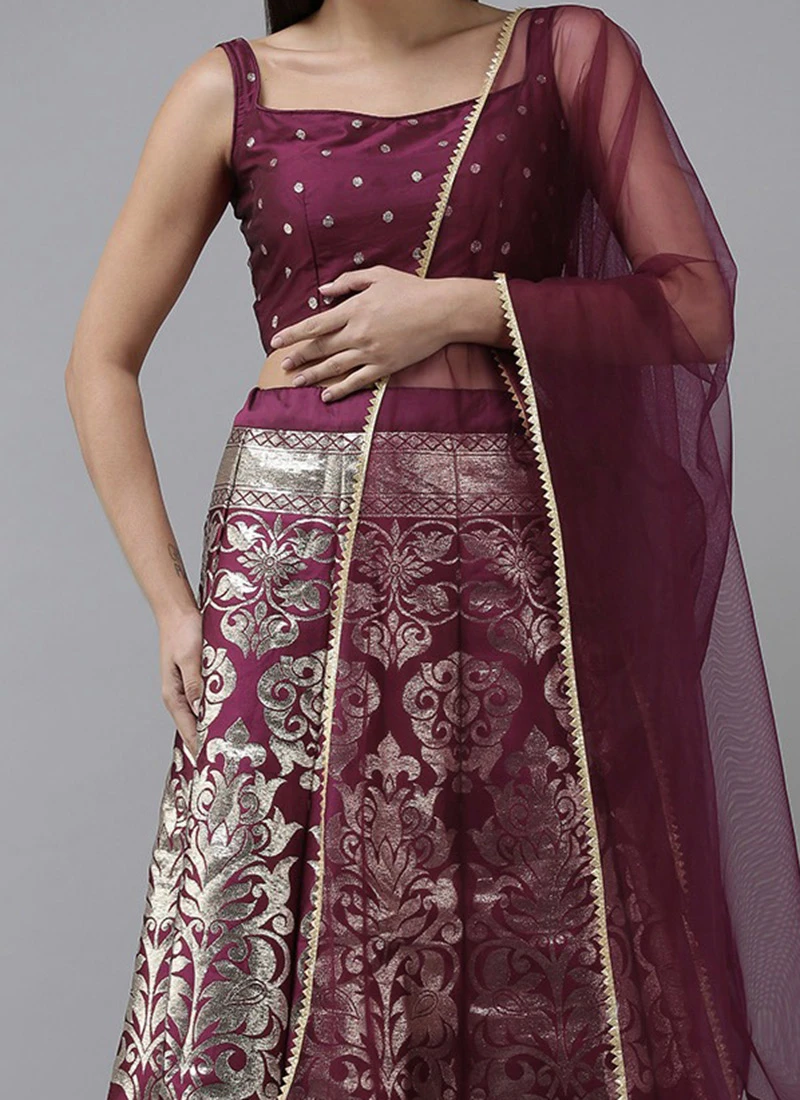 Wine Art Silk Jacquard A Line Lehenga Festive Wear 1 Wine Art Silk Jacquard A Line Lehenga Festive Wear