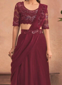 Wine Chinon Silk Embroidered Ready Pleated Saree Party Wear