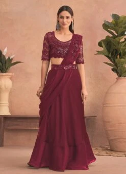 Wine Chinon Silk Embroidered Ready Pleated Saree Party Wear -C Bazaar Shop wine chinon silk embroidered ready pleated saree saska36307302b u