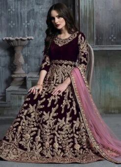 Wine Embroidered Abaya Style Anarkali Suit Party Wear -C Bazaar Shop wine embroidered abaya style anarkali suit slscc1601 b