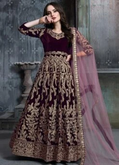 Wine Embroidered Abaya Style Anarkali Suit Party Wear -C Bazaar Shop wine embroidered abaya style anarkali suit slscc1601 u