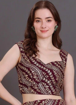 Wine Embroidered Sleeveless Blouse Wedding Wear -C Bazaar Shop wine embroidered sleeveless blouse BLBS02309127 u