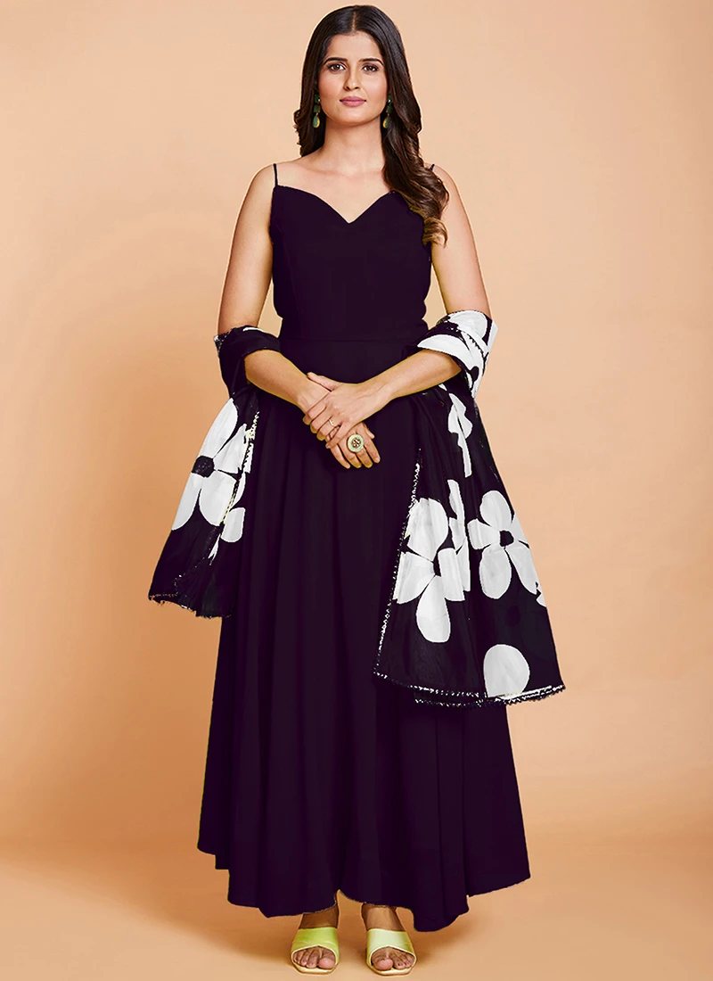 Wine Faux Georgette Digital Print Duppata Gown After Six Wear 3 Wine Faux Georgette Digital Print Duppata Gown After Six Wear - Image 3