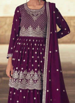 Wine Faux Georgette Embroidered A Line Lehenga Party Wear