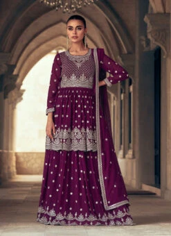 Wine Faux Georgette Embroidered A Line Lehenga Party Wear -C Bazaar Shop wine faux georgette embroidered a line lehenga ghska46679645 u