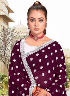 Wine Faux Georgette Embroidered Half And Half Saree Party Wear 7 Wine Faux Georgette Embroidered Half And Half Saree Party Wear -C Bazaar Shop wine faux georgette embroidered half and half saree sasunk2093 b