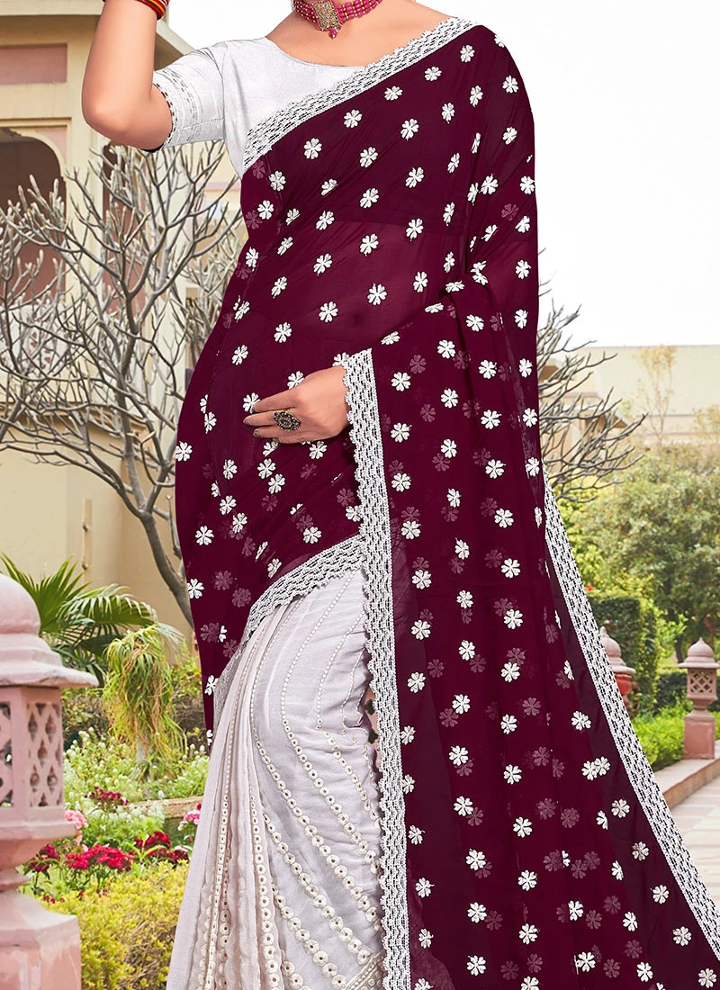 Wine Faux Georgette Embroidered Half And Half Saree Party Wear 1 Wine Faux Georgette Embroidered Half And Half Saree Party Wear