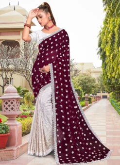 Wine Faux Georgette Embroidered Half And Half Saree Party Wear 6 Wine Faux Georgette Embroidered Half And Half Saree Party Wear -C Bazaar Shop wine faux georgette embroidered half and half saree sasunk2093 u