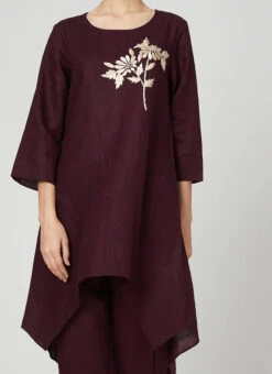Wine Linen Kurta Straight Pant Set Work Wear