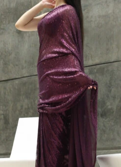 Wine Lycra Sequins Saree Party Wear
