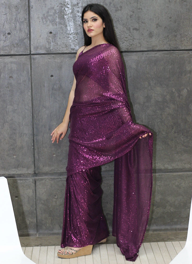 Wine Lycra Sequins Saree Party Wear 3 Wine Lycra Sequins Saree Party Wear - Image 3