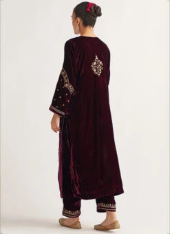 Wine Velvet Embroidered Straight Pant Suit Party Wear -C Bazaar Shop wine velvet embroidered straight pant suit krdvc29 b