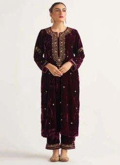 Wine Velvet Embroidered Straight Pant Suit Party Wear -C Bazaar Shop wine velvet embroidered straight pant suit krdvc29 u