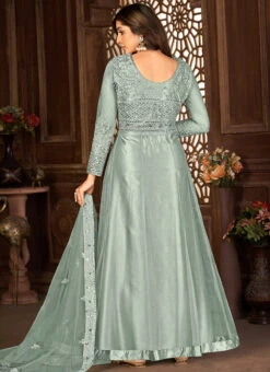 Women Grey Colored Net Embroidery Work With Churdiar And Dupatta Party Wear -C Bazaar Shop women grey colored net embroidery work with churdiar and dupatta slsdi8397g b