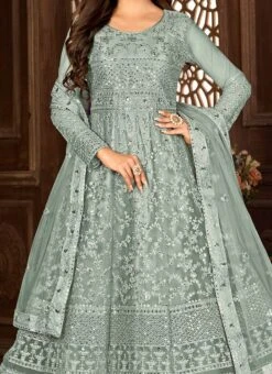 Women Grey Colored Net Embroidery Work With Churdiar And Dupatta Party Wear