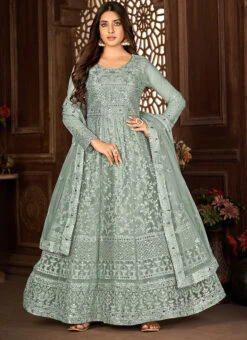 Women Grey Colored Net Embroidery Work With Churdiar And Dupatta Party Wear -C Bazaar Shop women grey colored net embroidery work with churdiar and dupatta slsdi8397g u