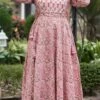 Women Pink Floral Printed Anarkali Top N Straight Pant Work Wear