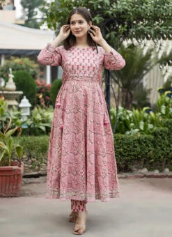 Women Pink Floral Printed Anarkali Top N Straight Pant Work Wear -C Bazaar Shop women pink floral printed anarkali top n straight pant krsjsc348pi u