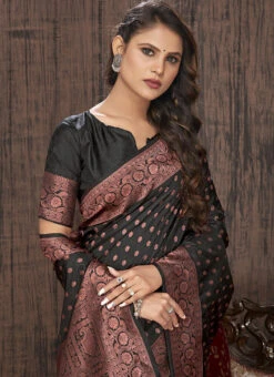 Woven Jacquard Work Black Color Banarasi Silk Saree Festive Wear -C Bazaar Shop woven jacquard work black color banarasi silk saree sasli19506203 b